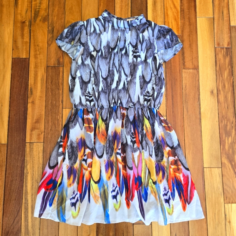Colorful Feather Print Short-sleeve Women's Dress Sz: L Boho Casual Officewear